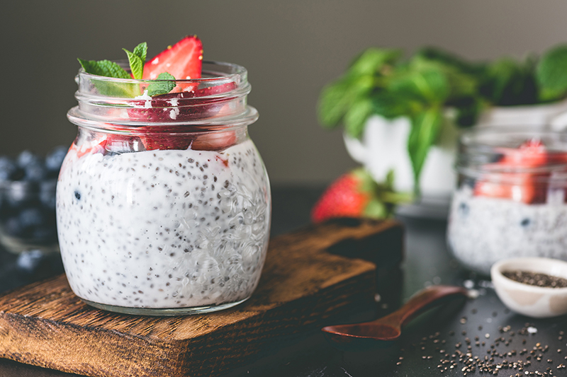 Chia seed pudding in a glass jar, recipe