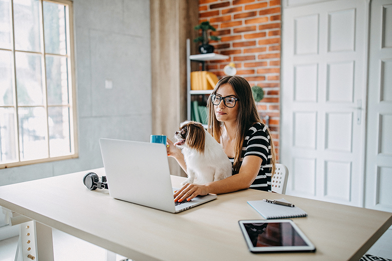 woman at a desk with her dog adjusting to working from home, how to