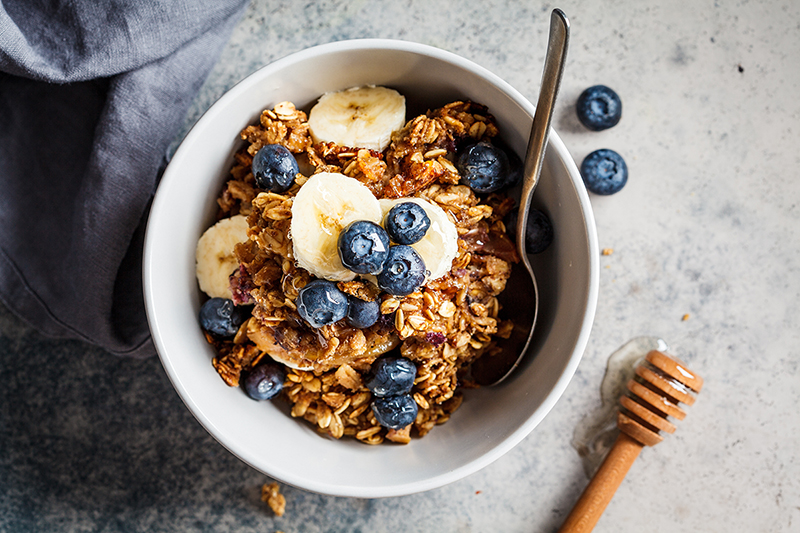 Blueberry banana baked oatmeal in a bowl, recipe