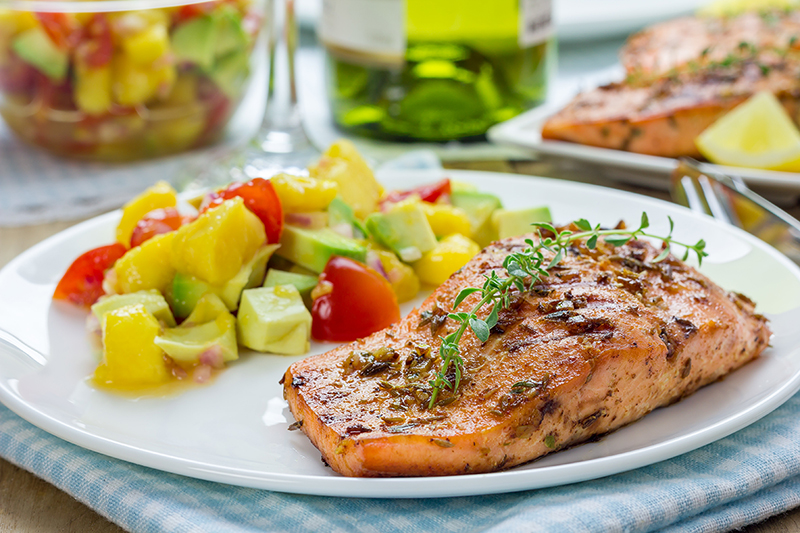 Salmon and mango avocado salsa on a plate, recipe