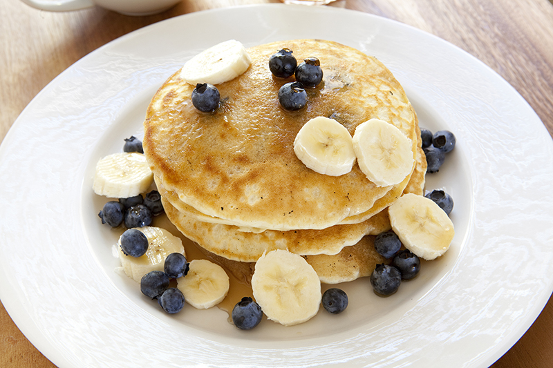 Blueberry banana greek yogurt pancakes on a plate, recipe