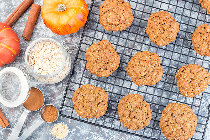 Pumpkin oat cookies cooking on a tray, recipe lg