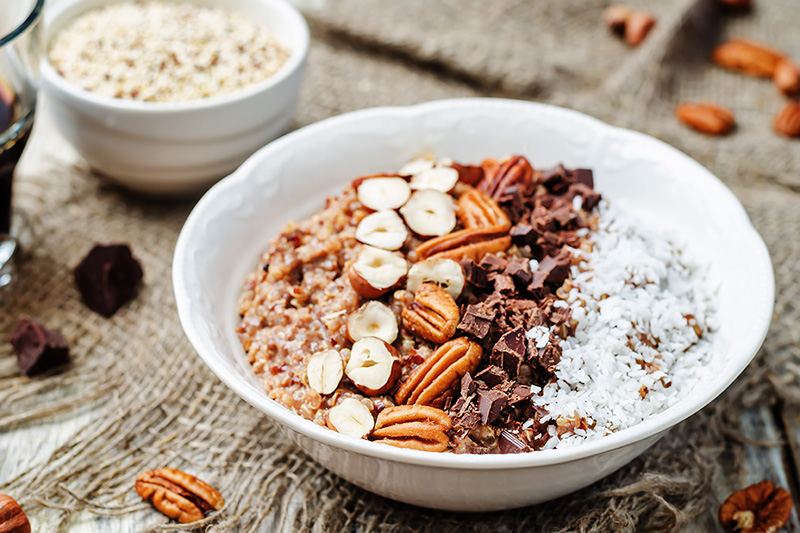 Dark chocolate quinoa breakfast bowl on a table, recipe, lg