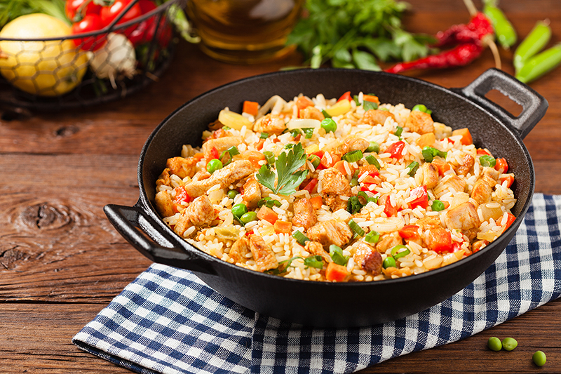 A pan full of healthy chicken fried rice. Healthy Low-Fat Chicken Fried Rice, lg