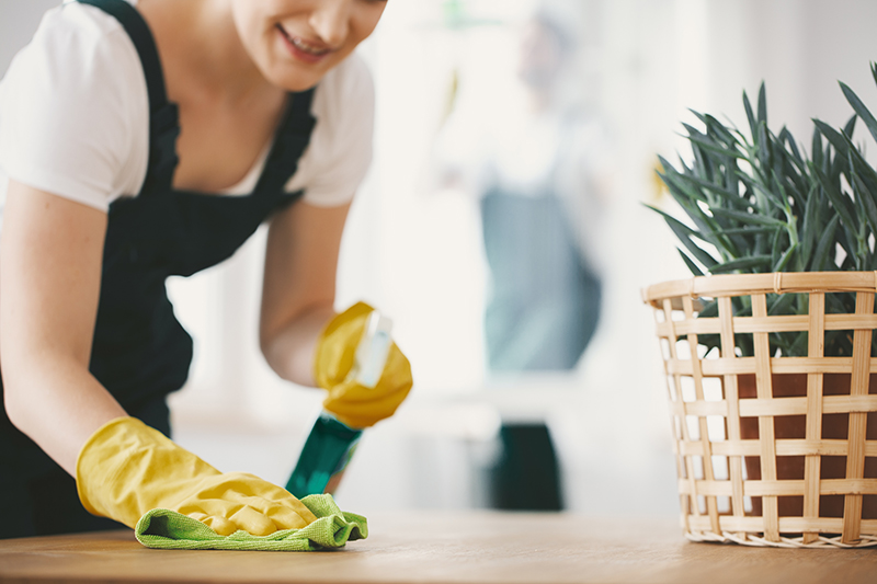 Woman with yellow gloves uses DIY cleaning spray to wipe table in her healthy, happy home.