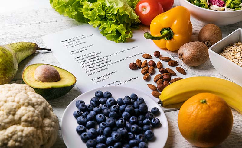 A balanced diet plan with healthy foods on the table.