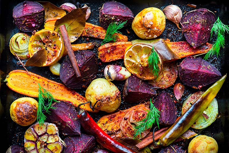 A pan of freshly roasted root vegetables is the perfect side dish.