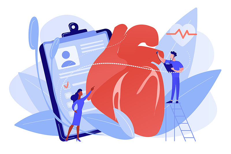 Doctor checking heart health cartoon.
