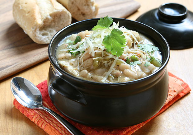 Healthy recipes, white chicken chili with a chunk of bread