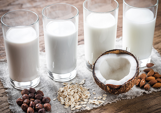 Alternatives to cow milk, almond, hemp, oat and coconut