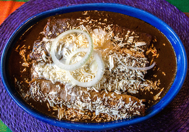 Chicken enchiladas with sauce in a blue dish, recipes