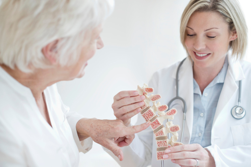 A doctor showing a spine model to an elderly woman.